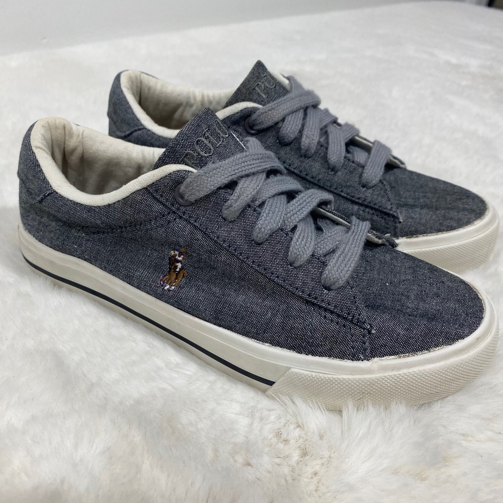 Polo Ralph Lauren Kids Blue Gray Chambray Embroidered Pony Canvas Sneakers 13.5